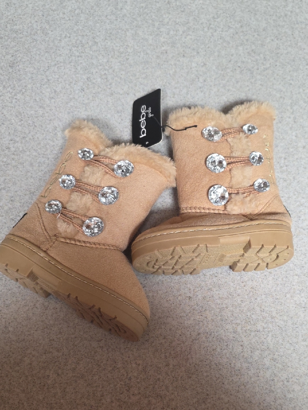 bebe Kids Tan Faux Fur Boots with Crystal Button Accents